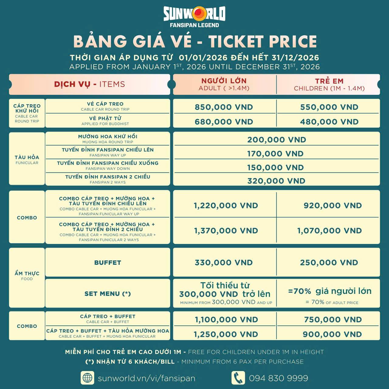 Bảng giá vé Sun World Fansipan Legend 2026