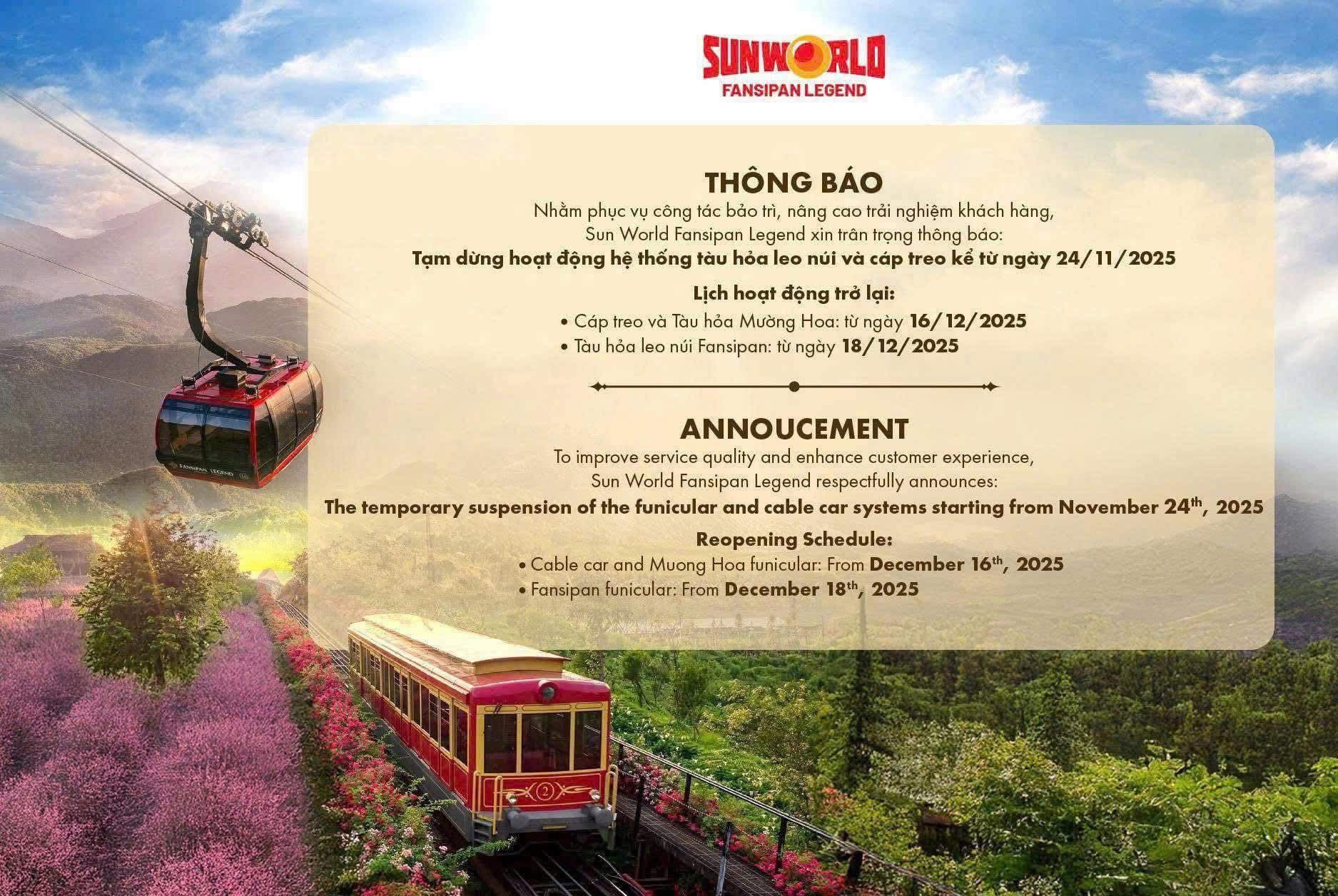 Lịch tạm ngưng hoạt động Sun World Fansipan Legend