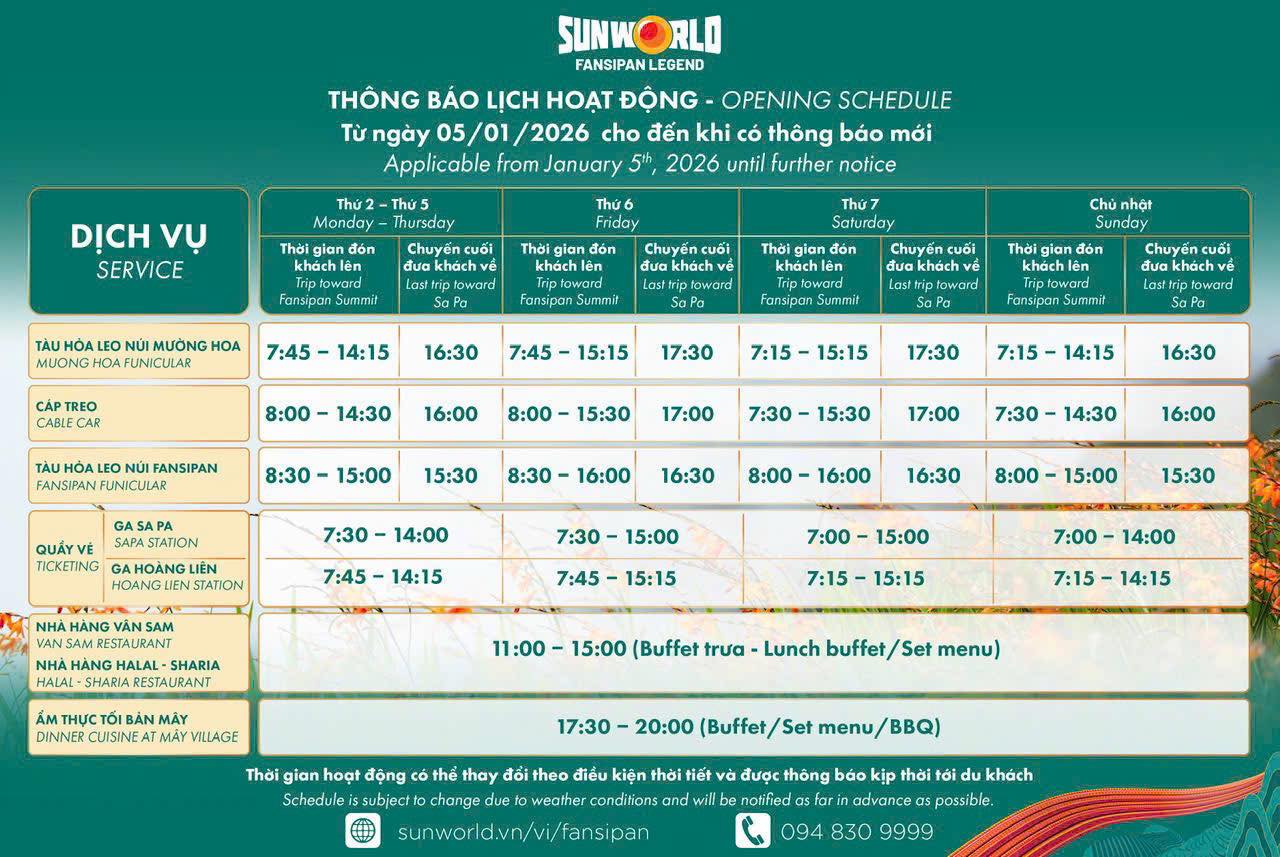 Lịch hoạt động Sun World Fansipan Legend 2026