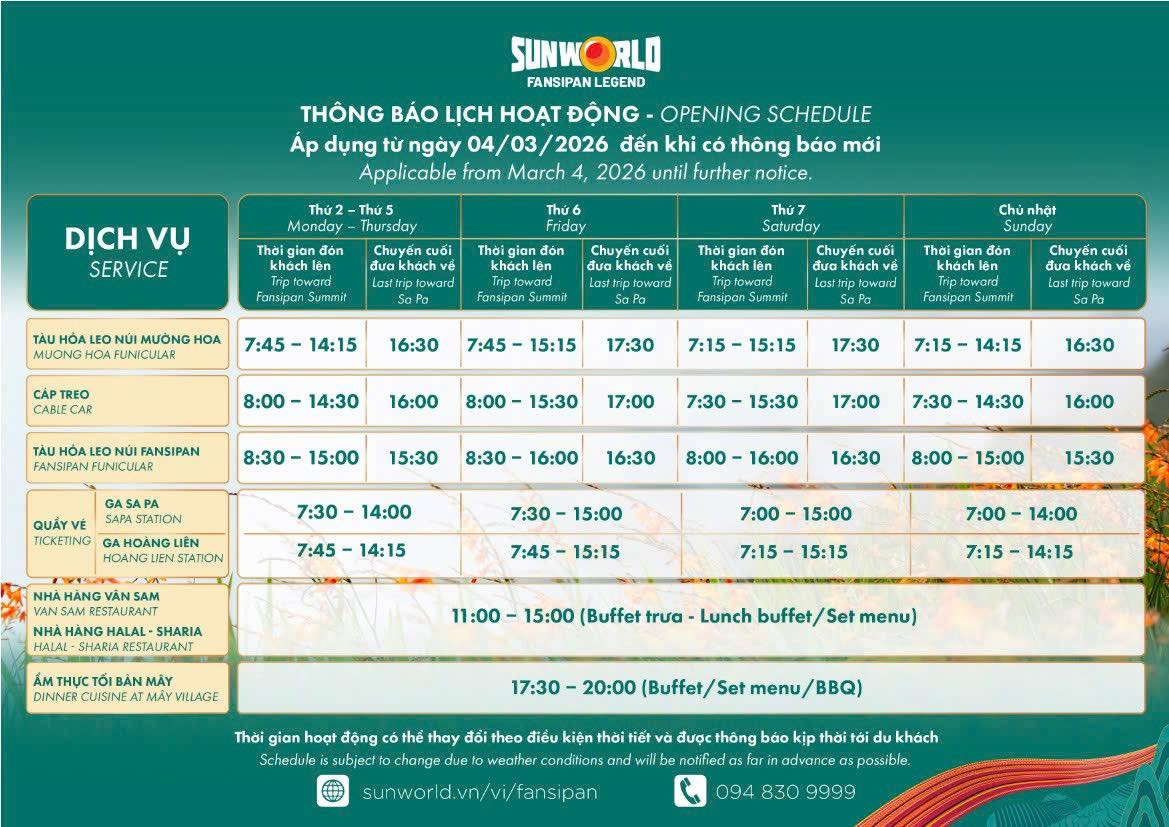 Lịch hoạt động Sun World Fansipan Legend 2026