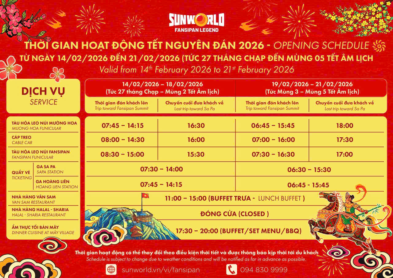 Lịch hoạt động Tết Nguyên Đán 2026 - Sun World Fansipan